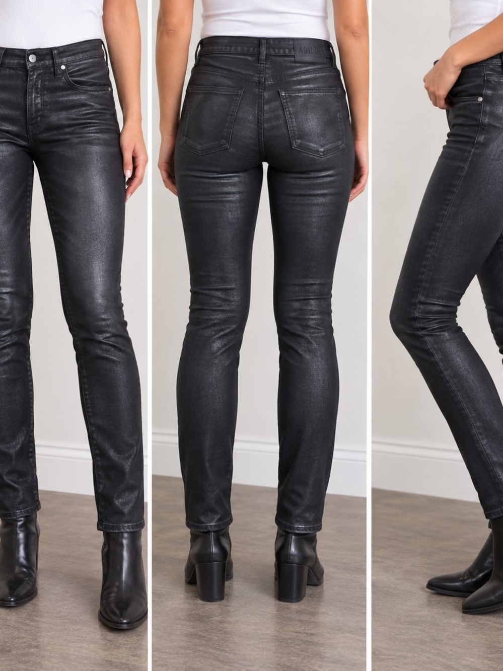 AGOLDE Black Coated Skinny Jeans Waxed Leather Look High Rise